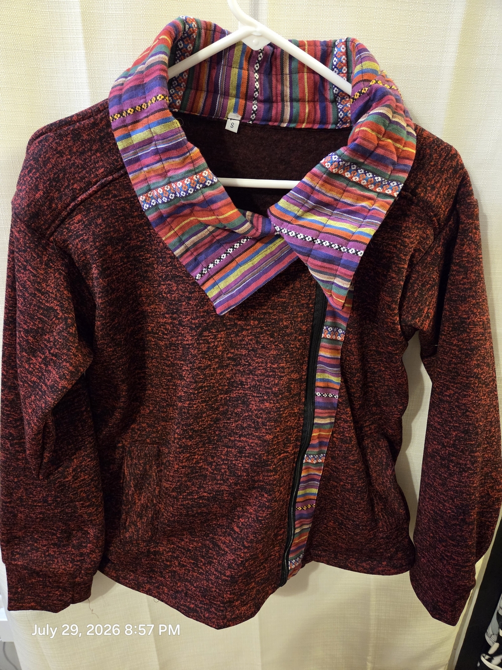 Women's Red Multicolor Collared Sweater Jacket